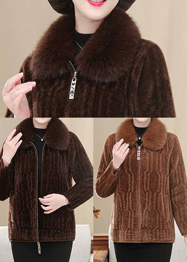Chocolate Warm Mink Velvet Coats Fur Collar Winter