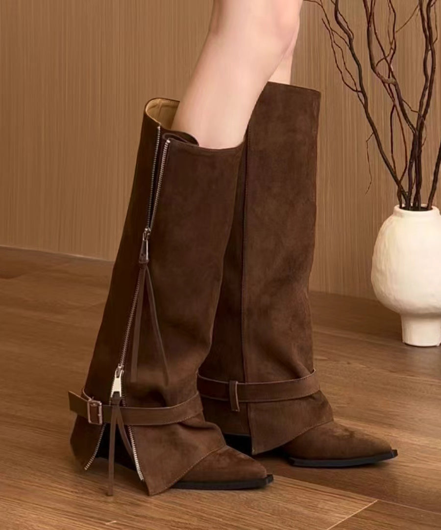 Chocolate Zippered Suede Splicing Wedge Heel Boots