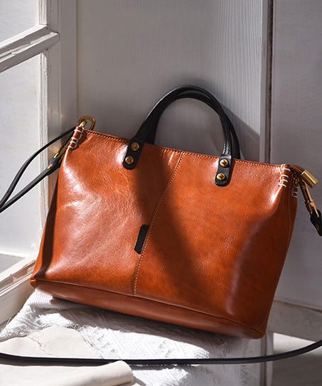 Classic Solid Durable Patchwork Leather Tote Handbag