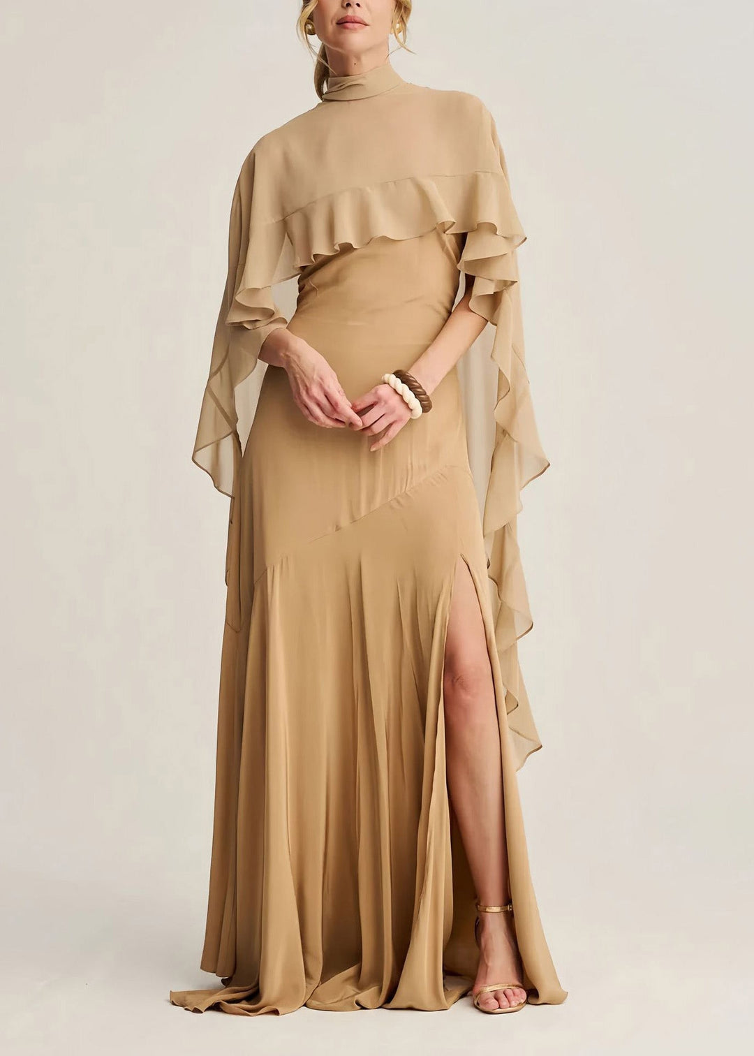 Classy Apricot High Neck Ruffled Chiffon Long Dresses Summer