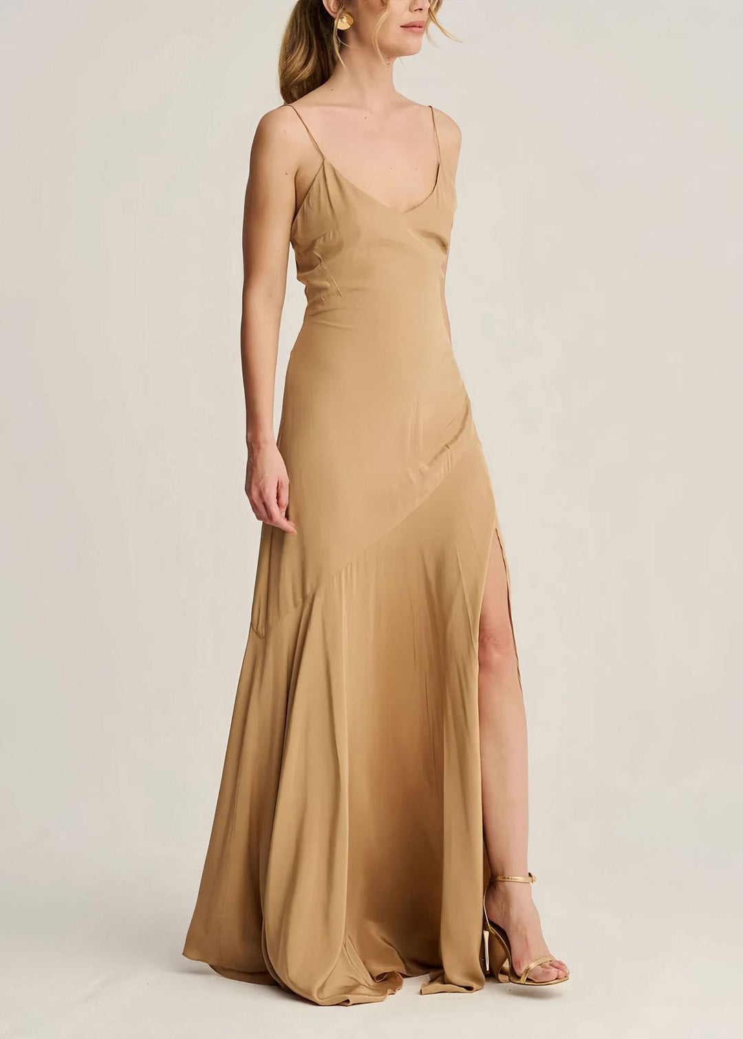 Classy Apricot High Neck Ruffled Chiffon Long Dresses Summer