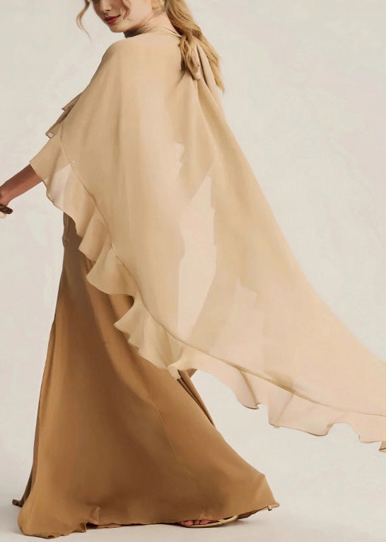 Classy Apricot High Neck Ruffled Chiffon Long Dresses Summer