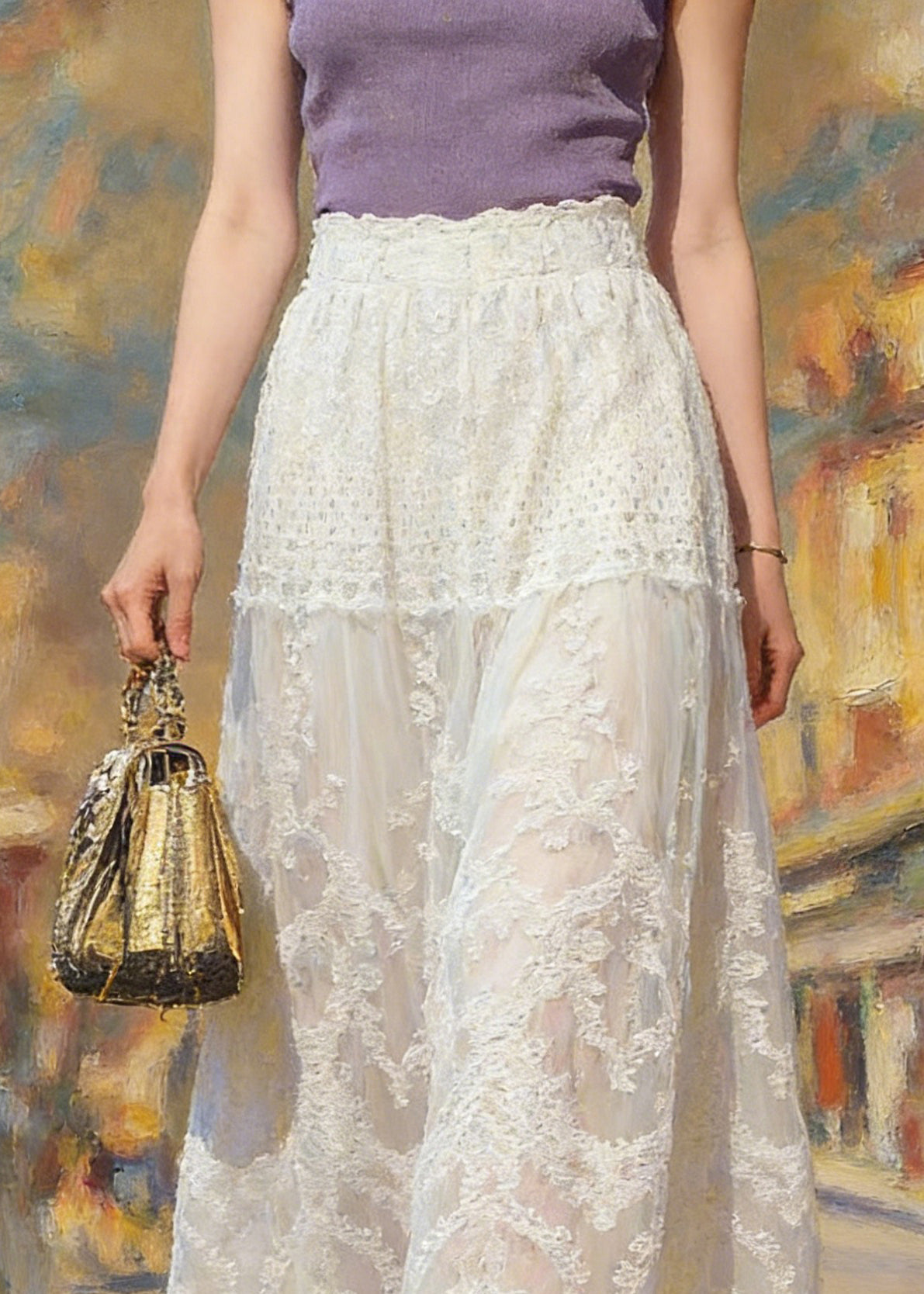 Classy Apricot Patchwork Elastic Waist Lace A Line Skirt Summer - Omychic