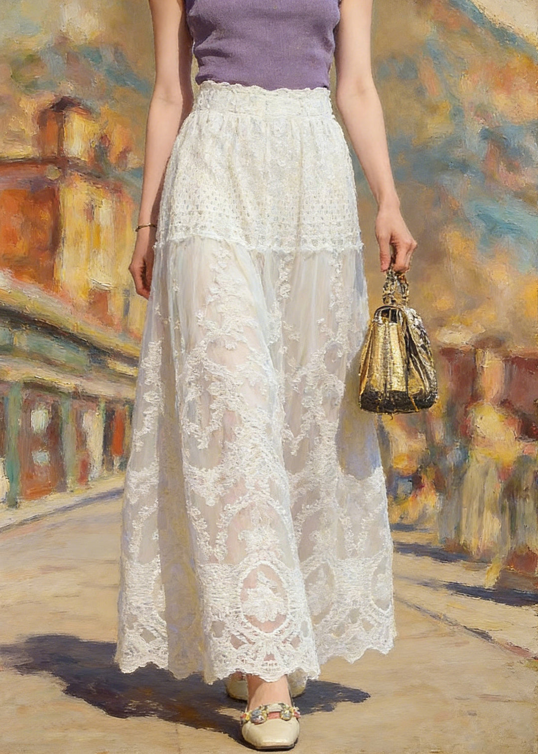 Classy Apricot Patchwork Elastic Waist Lace A Line Skirt Summer - Omychic