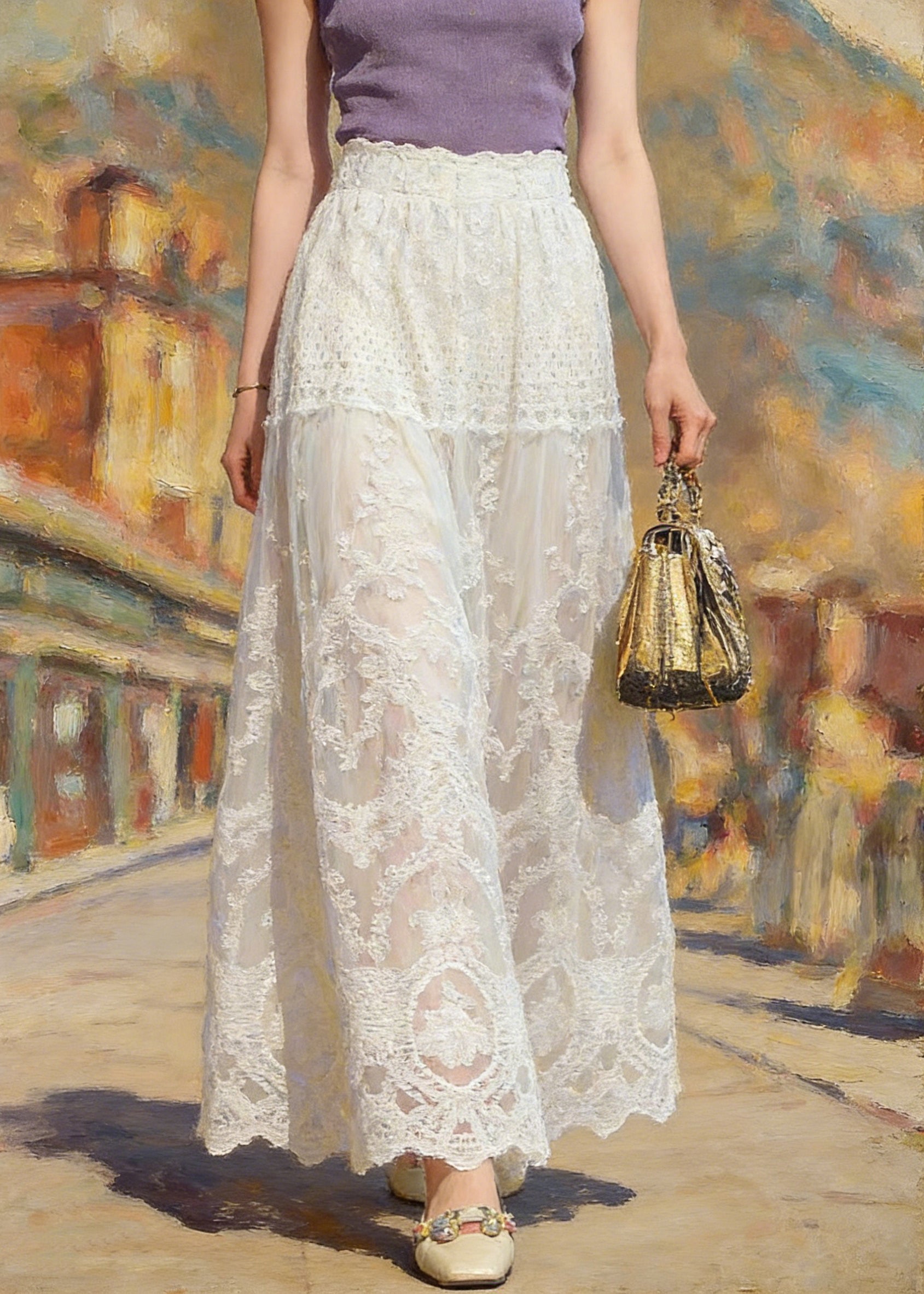 Classy Apricot Patchwork Elastic Waist Lace A Line Skirt Summer - Omychic