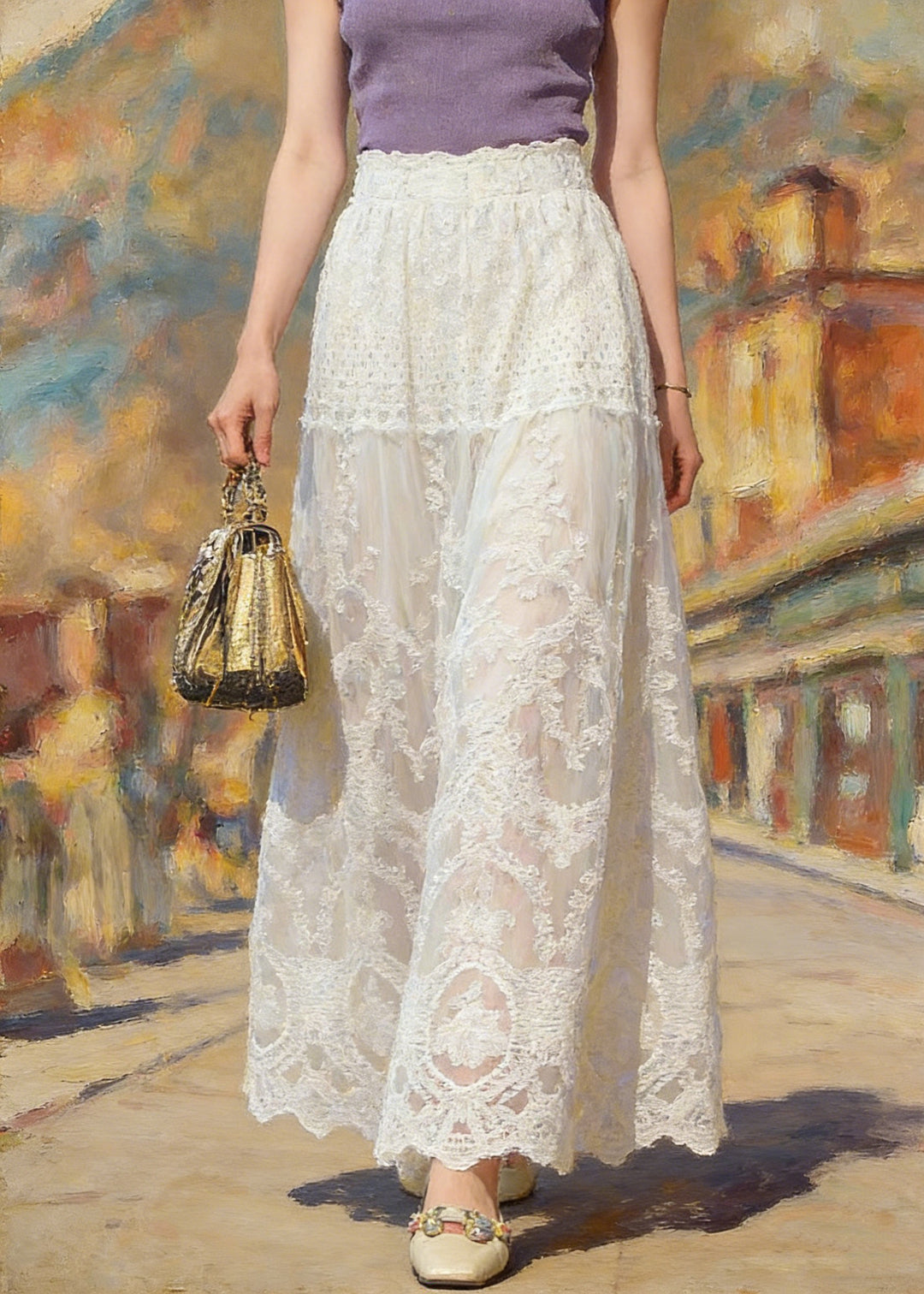 Classy Apricot Patchwork Elastic Waist Lace A Line Skirt Summer - Omychic