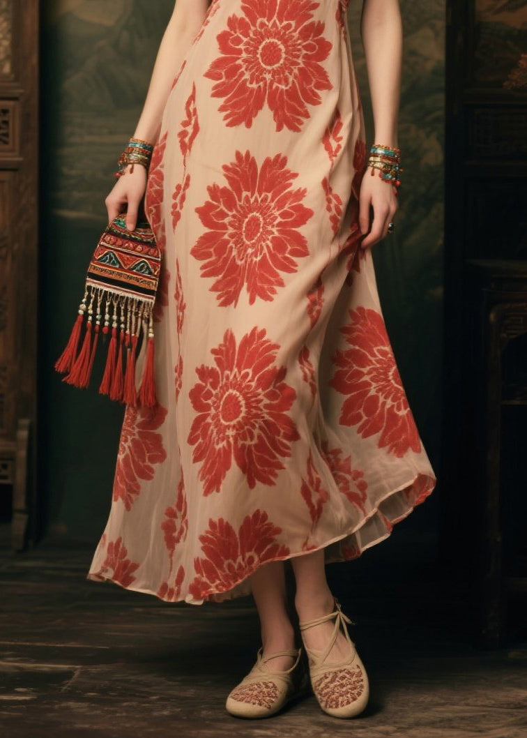 Classy Apricot Print Chiffon Beach Dress Summer