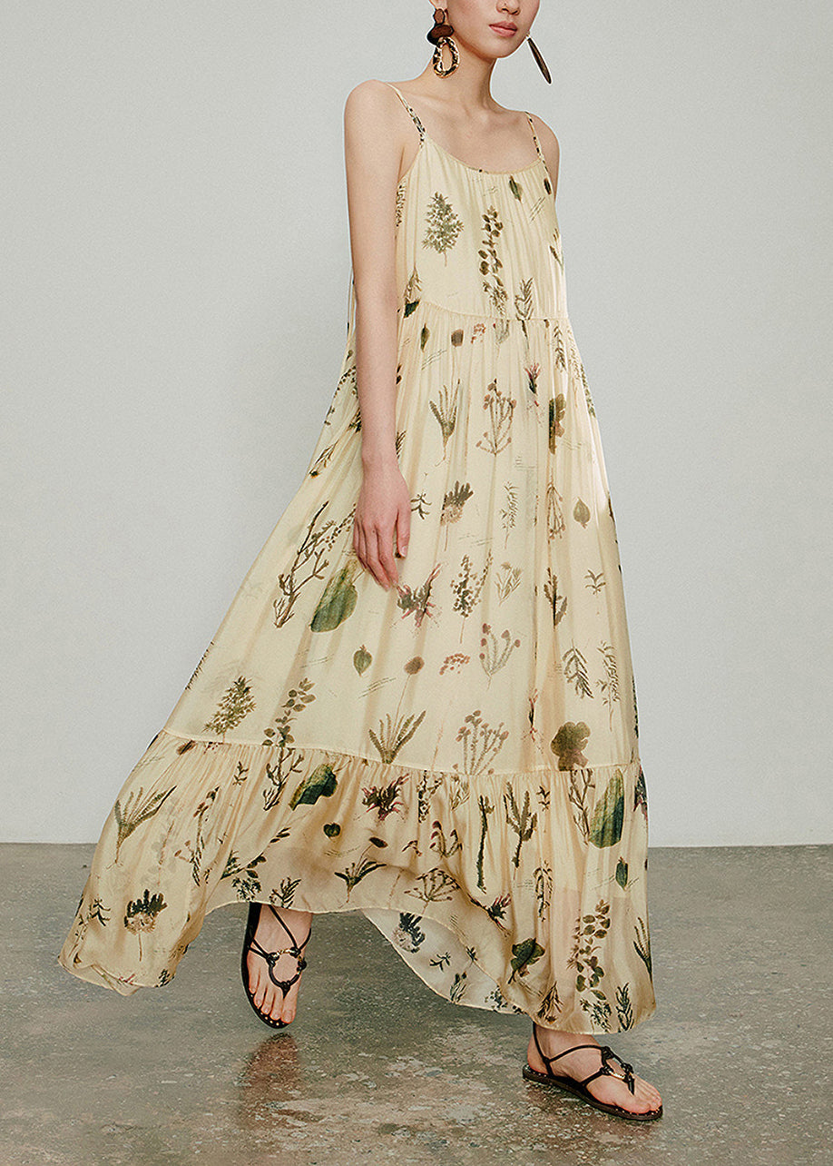 Classy Apricot Print Spaghetti Strap Dress Summer