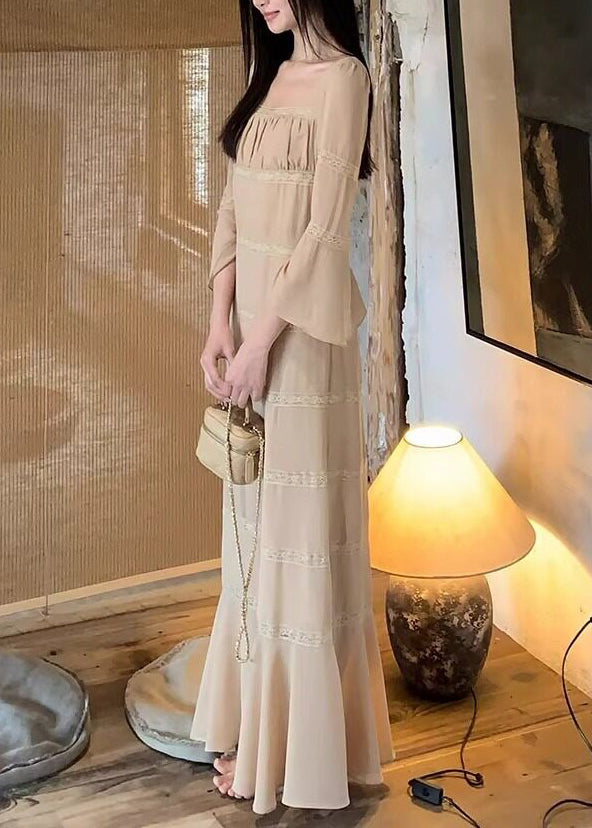Classy Apricot Square Collar Lace Patchwork Long Dress Flare Sleeve
