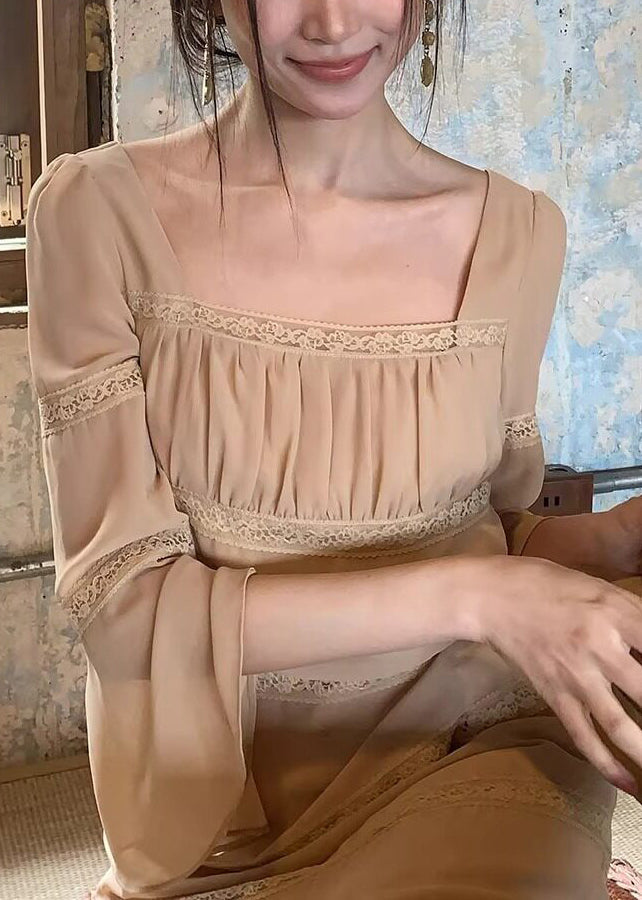Classy Apricot Square Collar Lace Patchwork Long Dress Flare Sleeve
