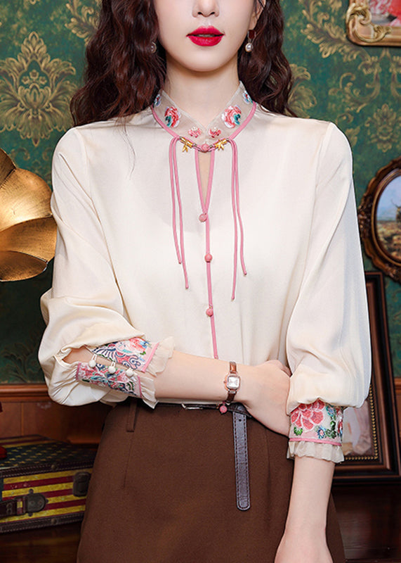 Classy Apricot Stand Collar Tulle Patchwork Silk Top Spring