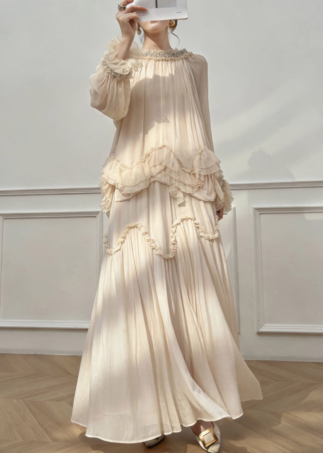 Classy Apricot Turtleneck Wrinkled Silk Shirt And Maxi Skirts Spring