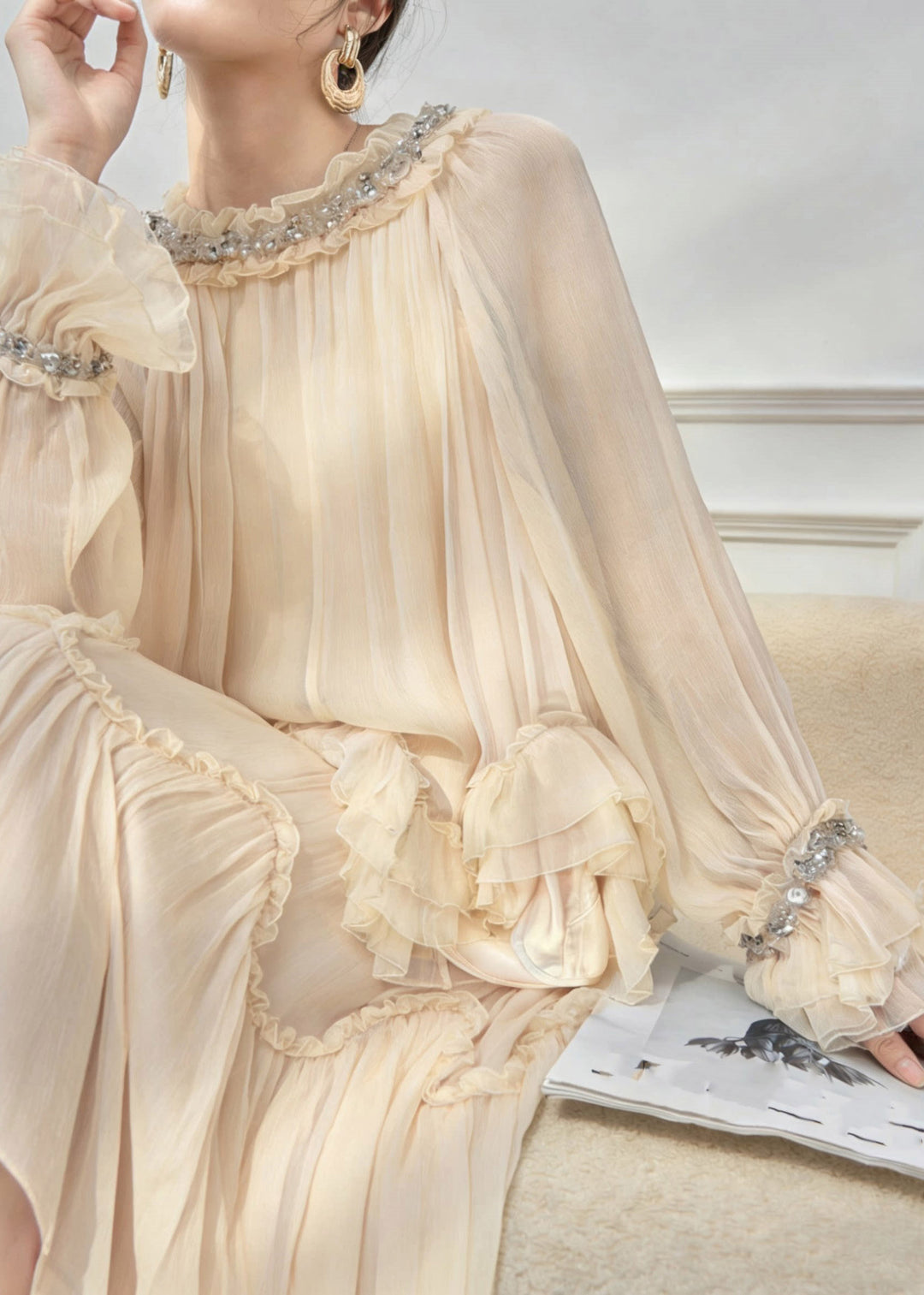 Classy Apricot Turtleneck Wrinkled Silk Shirt And Maxi Skirts Spring