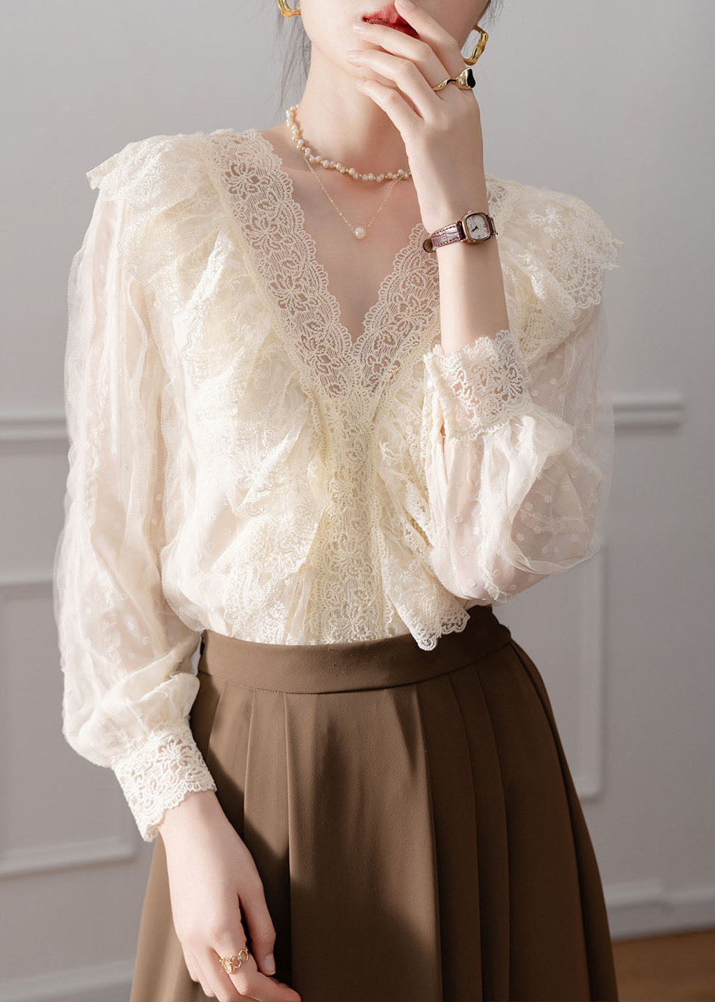 Classy Apricot V Neck Lace Patchwork Chiffon Shirt Fall
