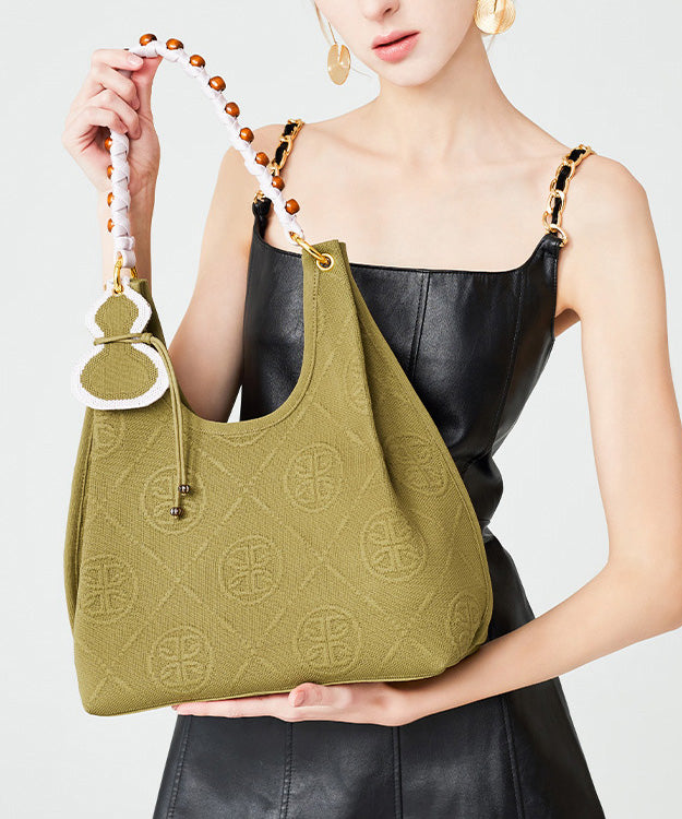 Classy Army Green Jacquard Tasseled Cotton Women Shoulder Bags