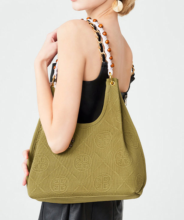 Classy Army Green Jacquard Tasseled Cotton Women Shoulder Bags