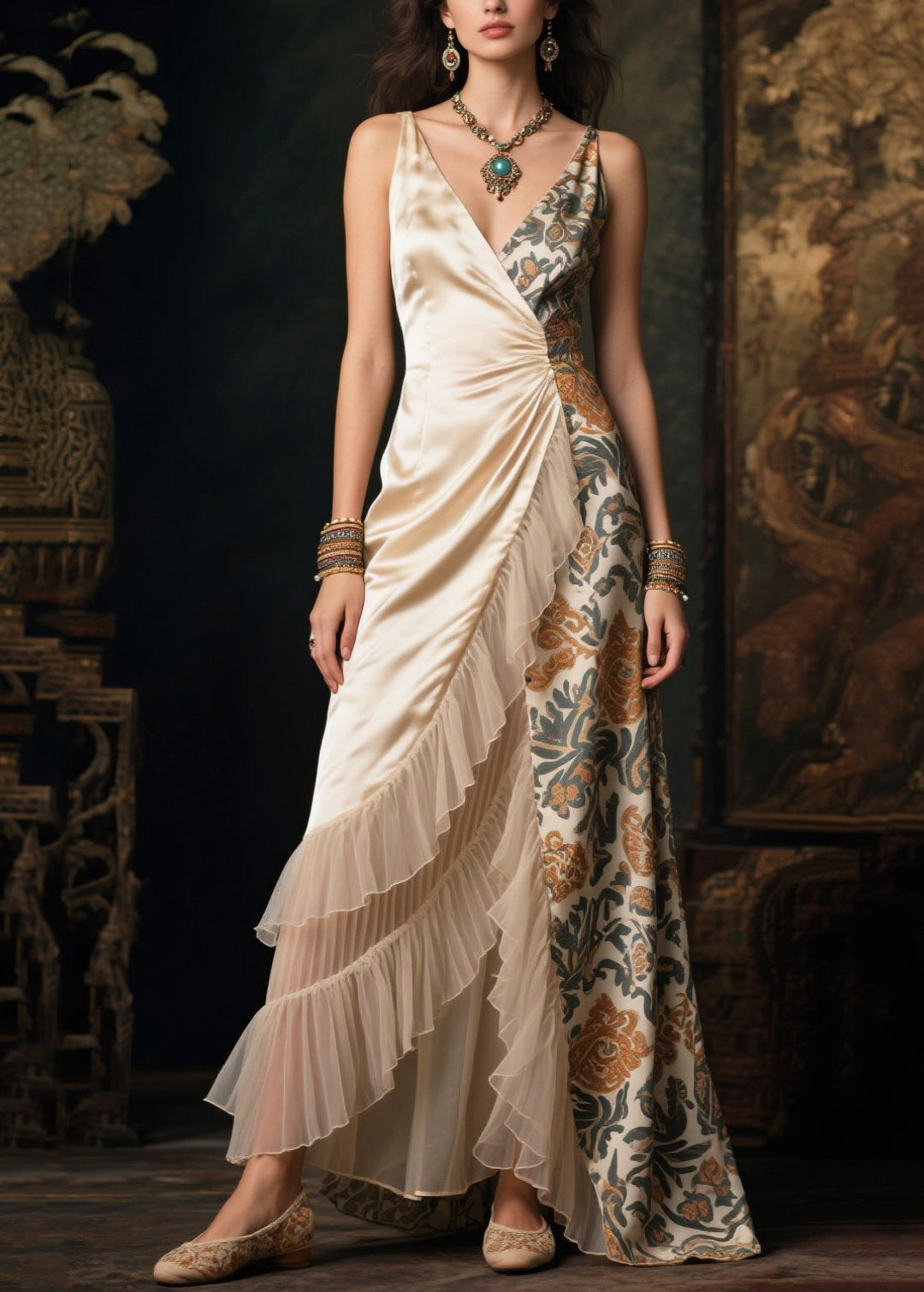 Classy Asymmetrical Patchwork Ruffles Silk Vestidos Dresses Summer