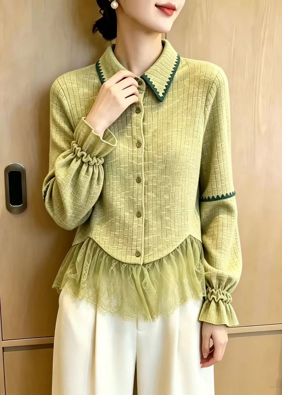 Classy Avocado Green Turn-Down Collar Tulle Patchwork Knit Cardigan Flare Sleeve