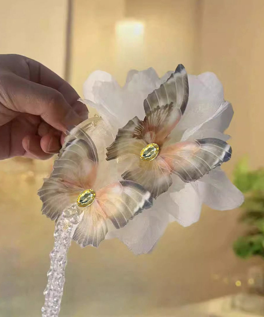 Classy Beige Acrylic Fabric Zircon Butterfly Tassel Hairpin