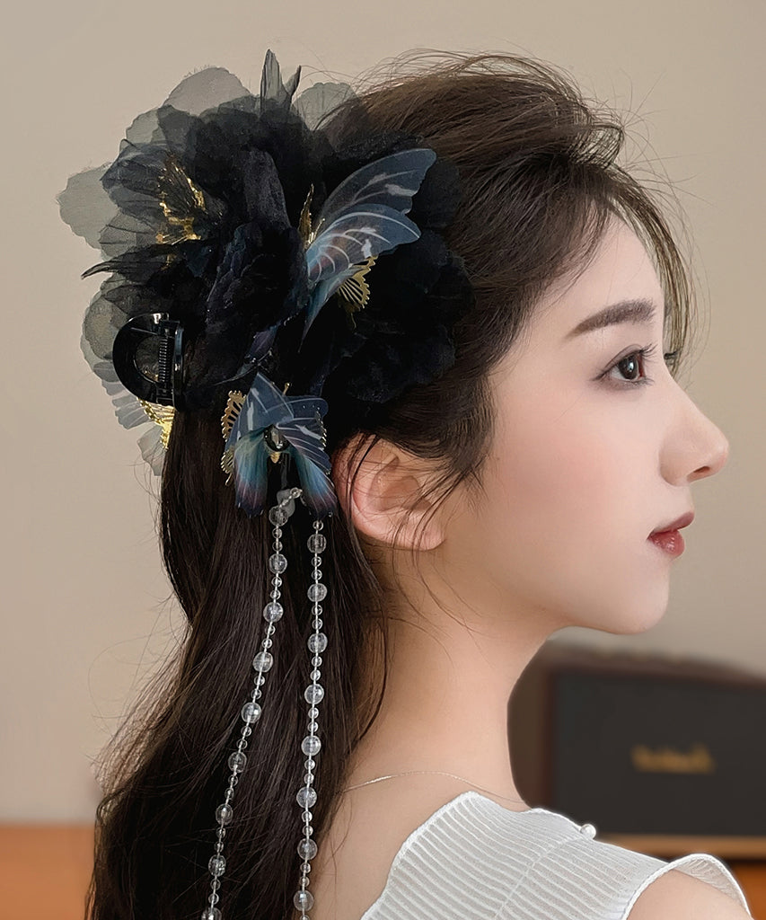 Classy Beige Acrylic Fabric Zircon Butterfly Tassel Hairpin