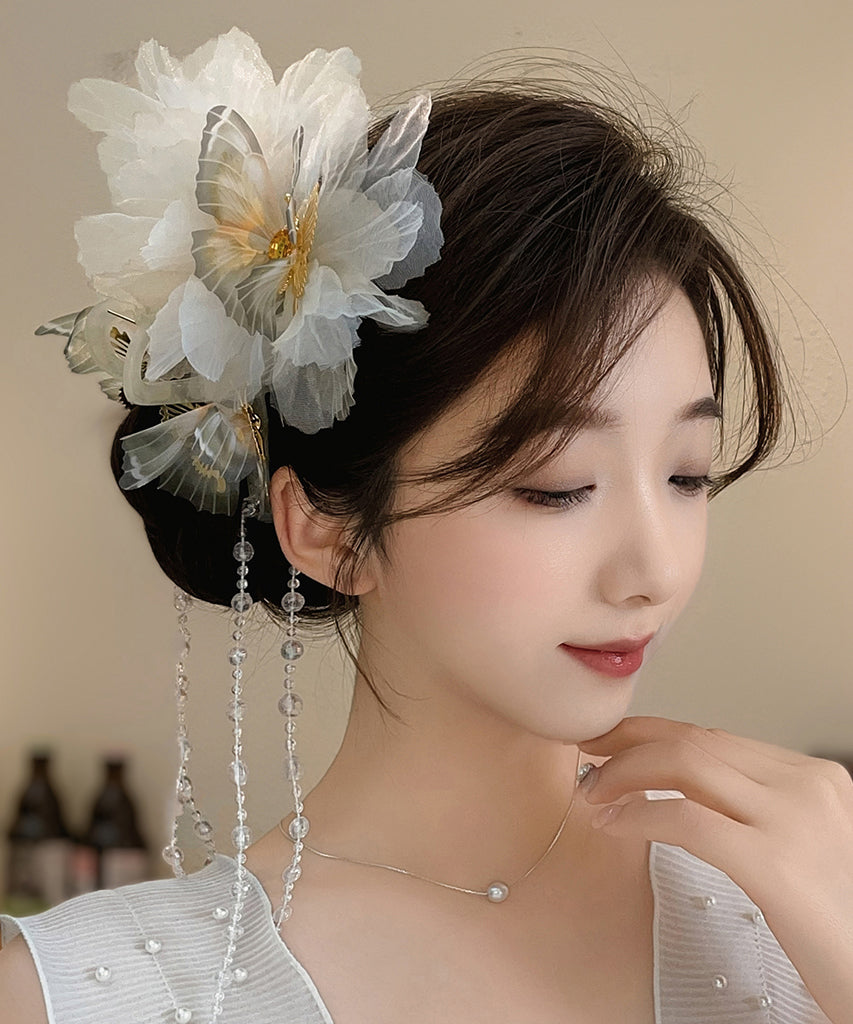 Classy Beige Acrylic Fabric Zircon Butterfly Tassel Hairpin