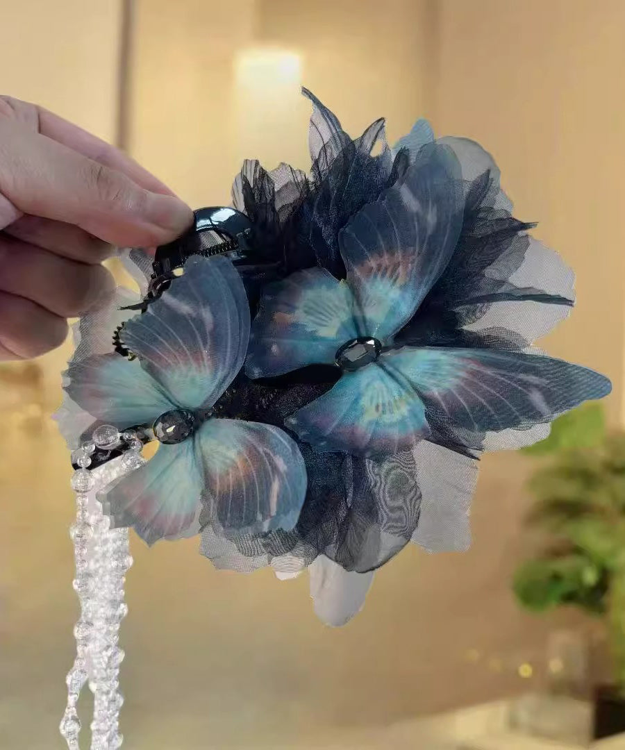 Classy Beige Acrylic Fabric Zircon Butterfly Tassel Hairpin