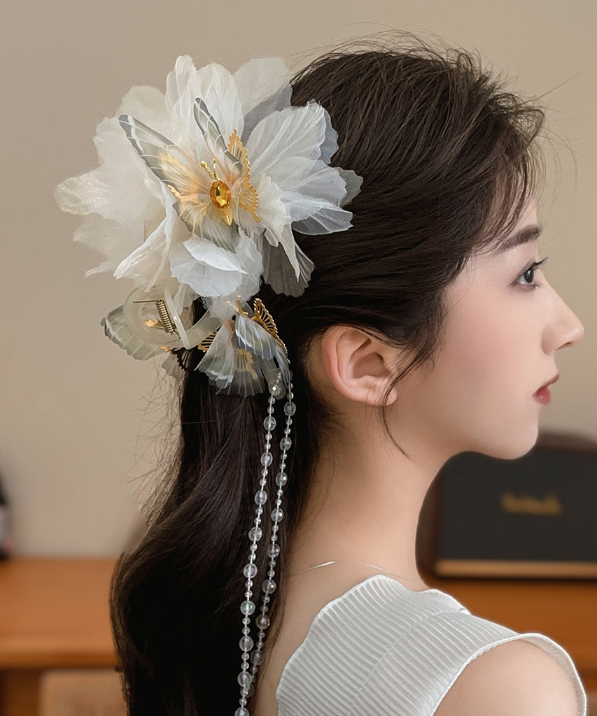 Classy Beige Acrylic Fabric Zircon Butterfly Tassel Hairpin