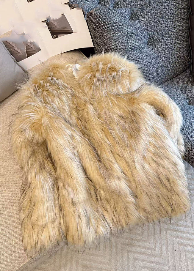 Classy Beige Black Raccoon Hair Collar Leather And Fur Coats Winter