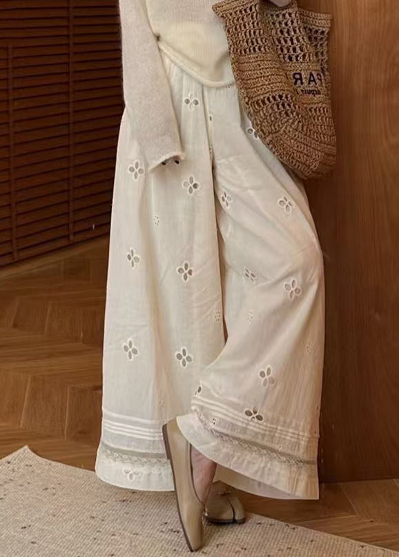 Classy Beige Hollow Out Elastic Waist Cotton Wide Leg Pants Summer