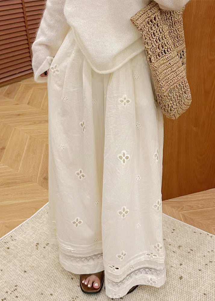 Classy Beige Hollow Out Elastic Waist Cotton Wide Leg Pants Summer