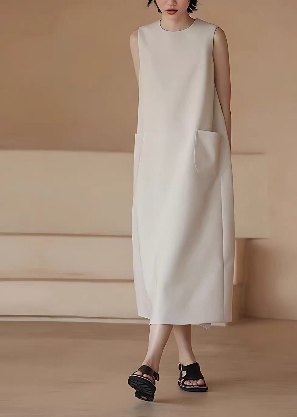 Classy Beige O-Neck Draping Pockets Dress Sleeveless