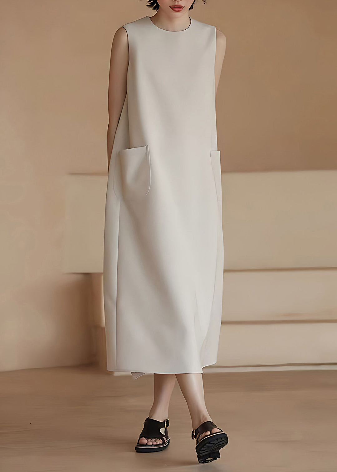 Classy Beige O-Neck Draping Pockets Dress Sleeveless