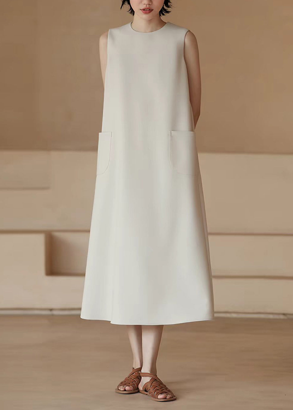 Classy Beige O-Neck Draping Pockets Dress Sleeveless