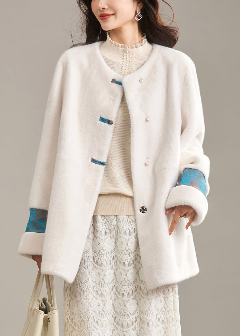 Classy Beige O-Neck Patchwork Leather And Fur Coat Winter