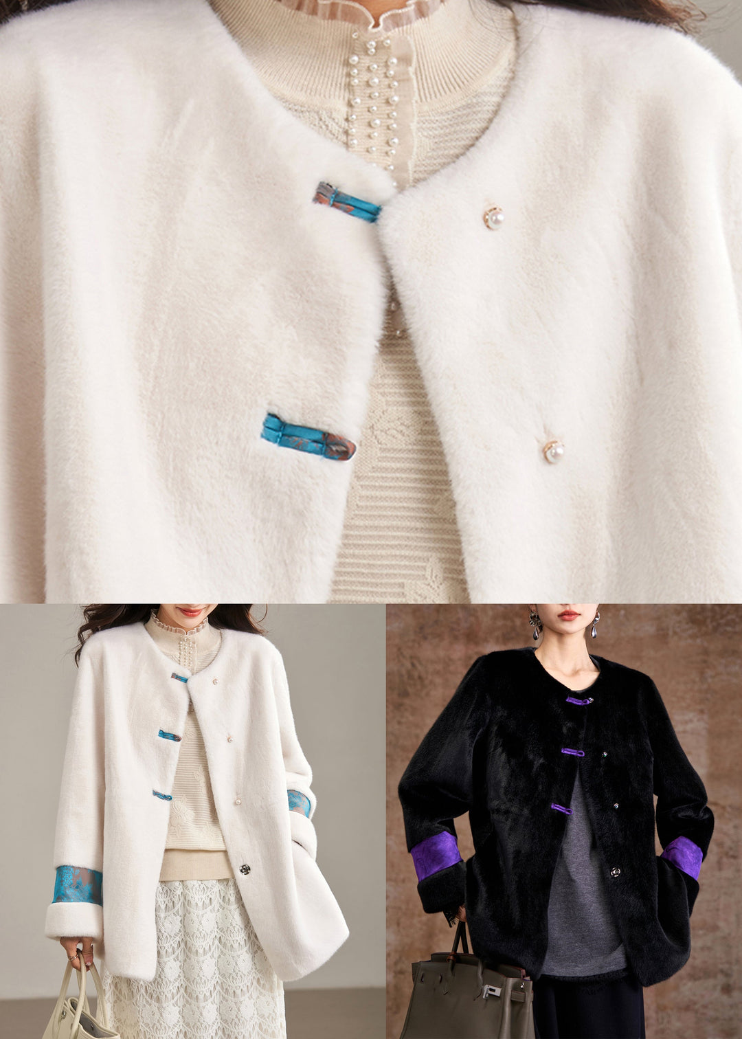 Classy Beige O-Neck Patchwork Leather And Fur Coat Winter