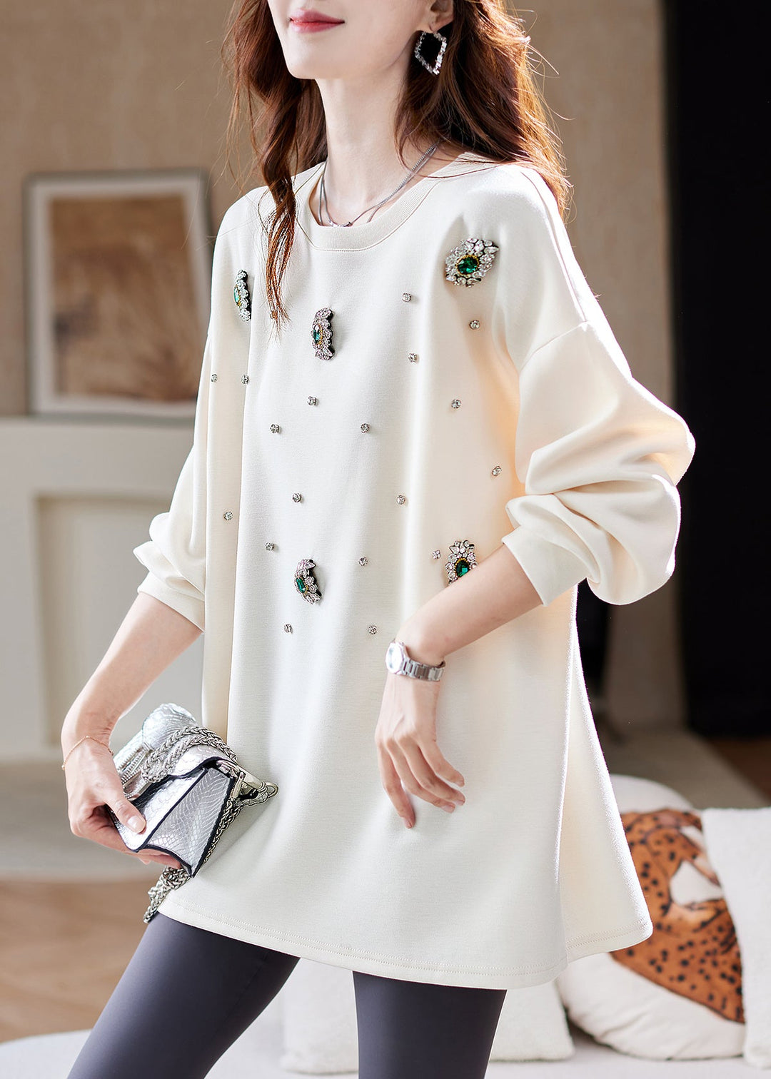 Classy Beige Patchwork Zircon Tops Lantern Sleeve