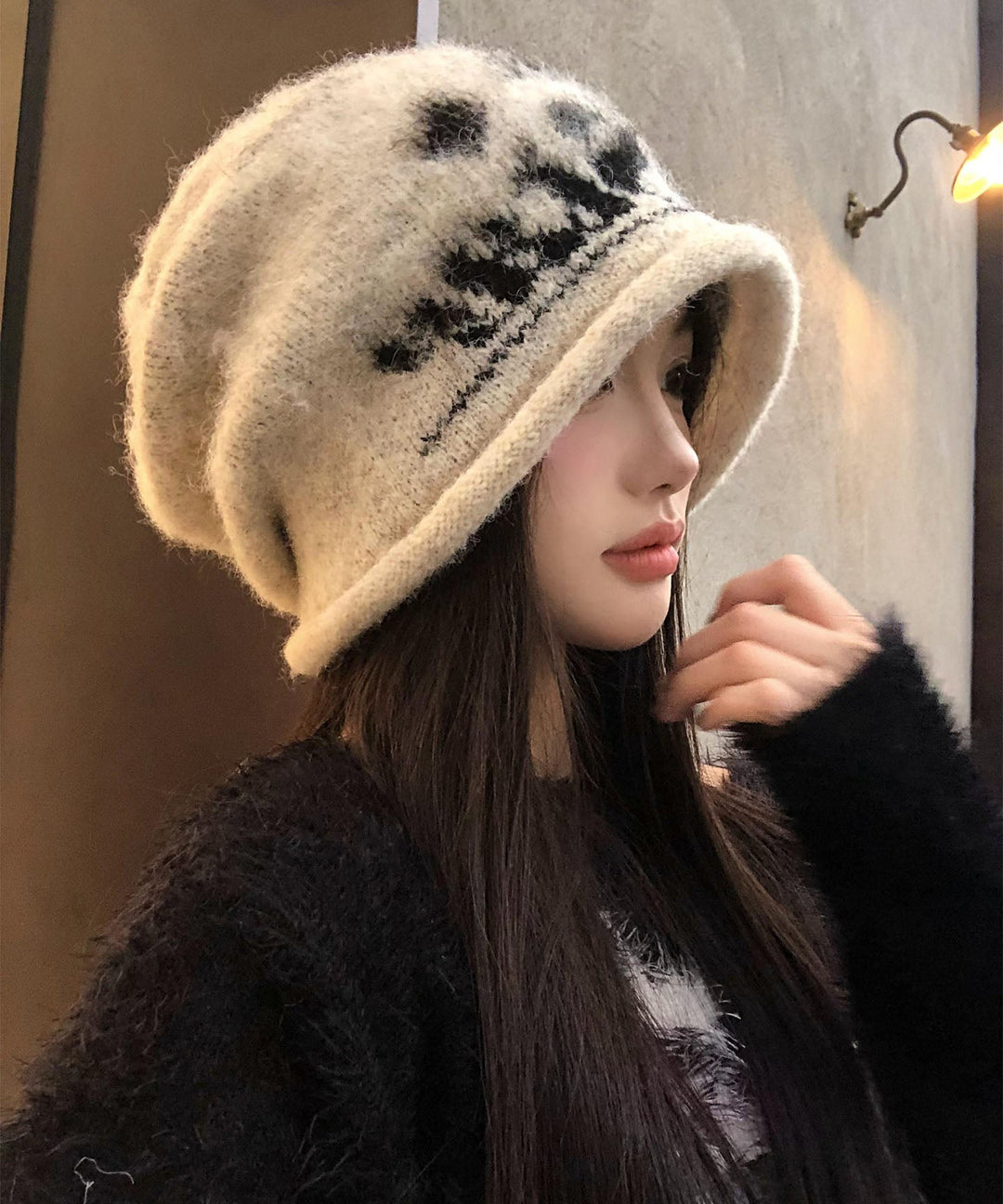 Classy Beige Print Warm Knit Bonnie Hat