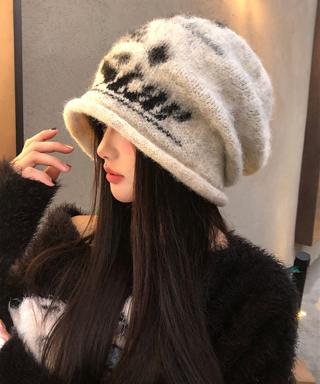 Classy Beige Print Warm Knit Bonnie Hat