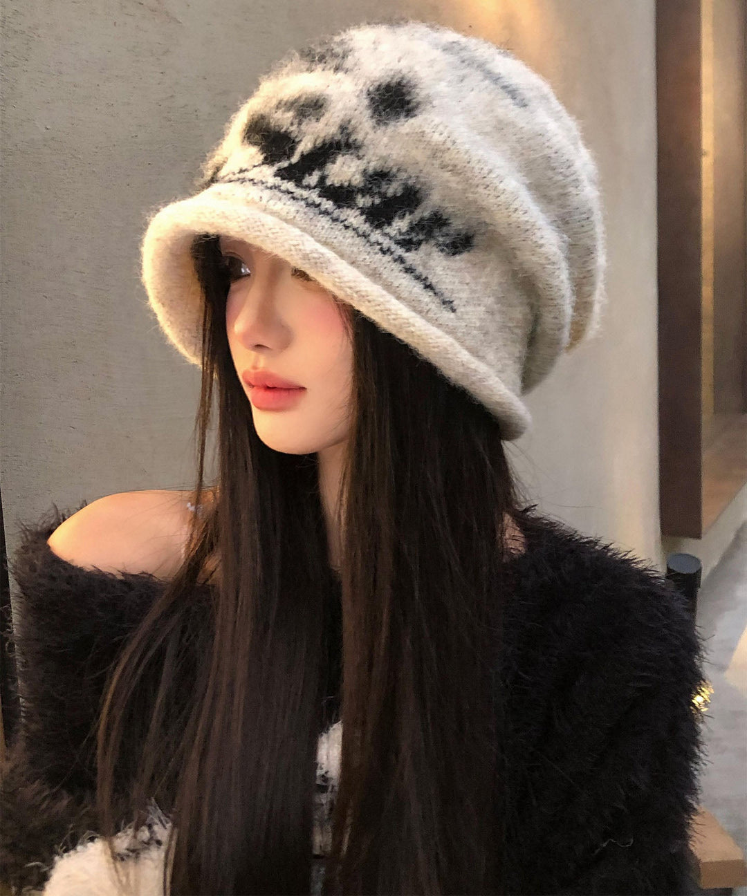 Classy Beige Print Warm Knit Bonnie Hat
