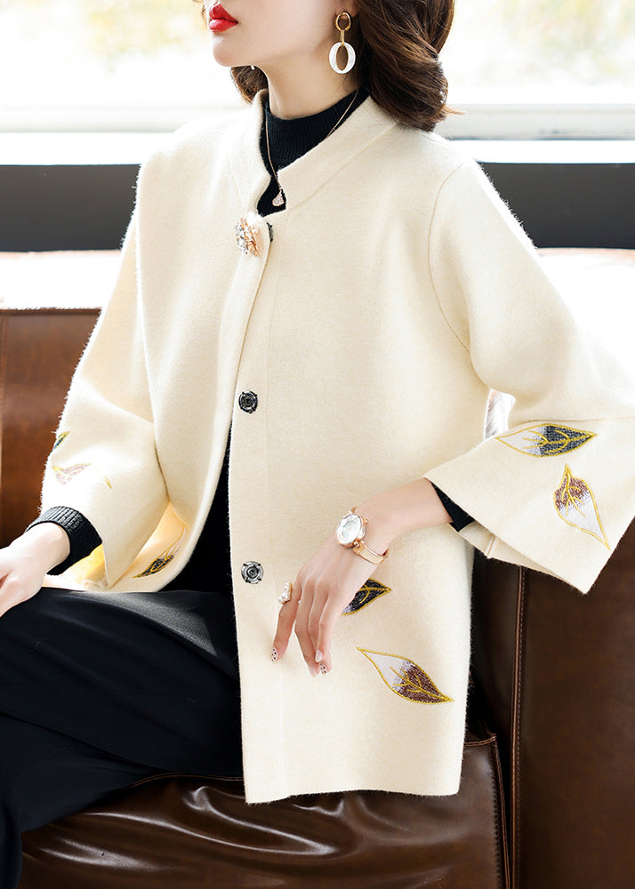 Classy Beige Stand Collar Patchwork Embroidered Woolen Coat Fall