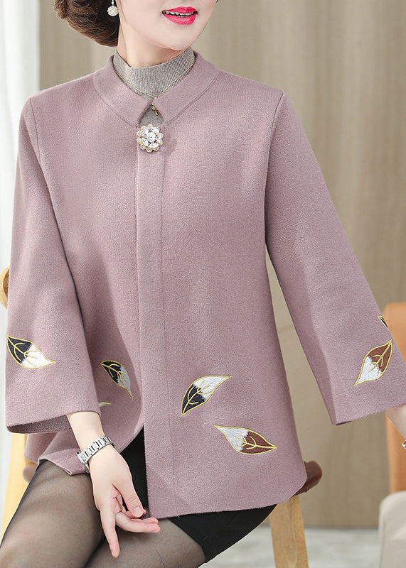 Classy Beige Stand Collar Patchwork Embroidered Woolen Coat Fall