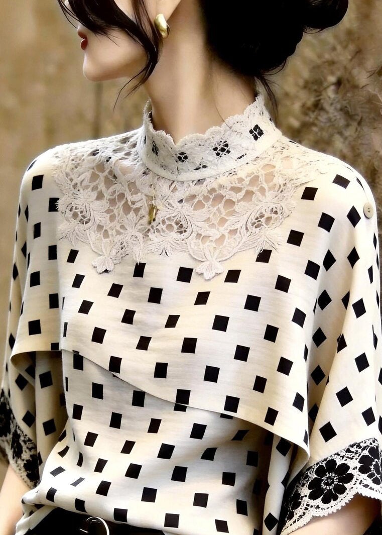 Classy Beige Stand Collar Plaid Lace Patchwork Top Three Quarters Sleeve