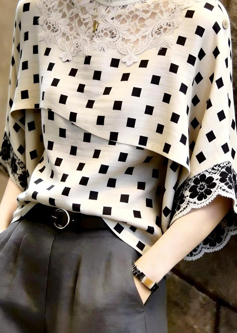 Classy Beige Stand Collar Plaid Lace Patchwork Top Three Quarters Sleeve