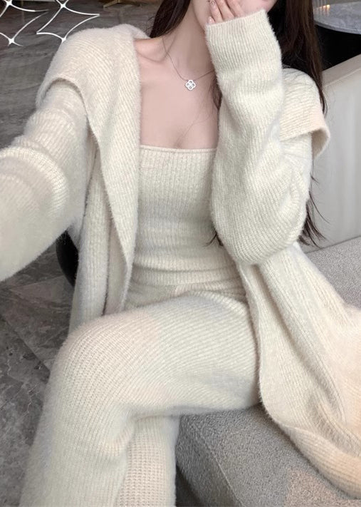 Classy Beige Tie Waist Coat Tank And Pants Knit Three Pieces Set Winter