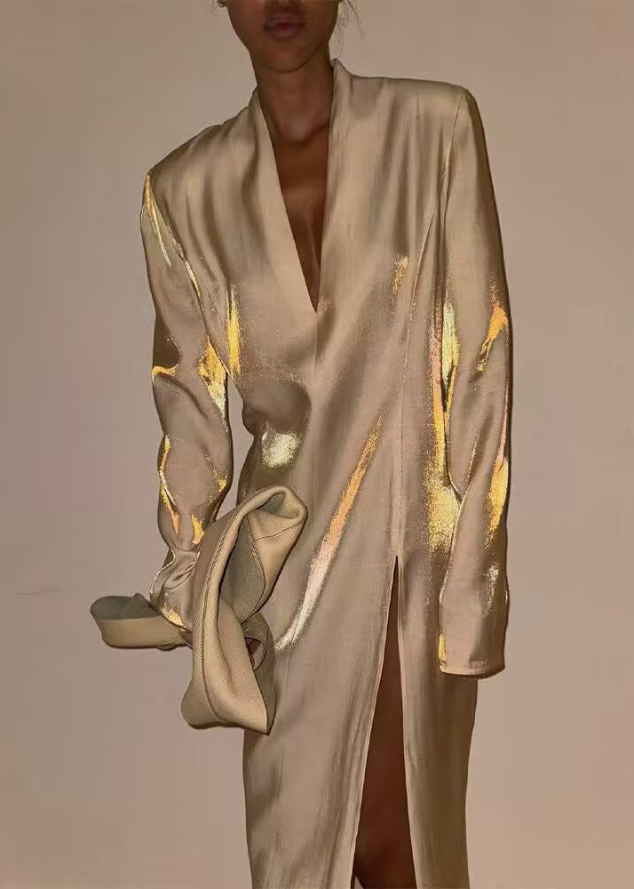 Classy Beige V Neck Side Open Silk Long Dress Spring