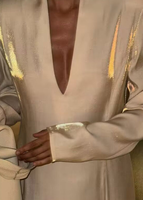 Classy Beige V Neck Side Open Silk Long Dress Spring