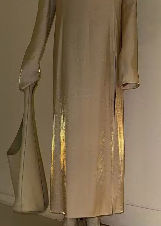 Classy Beige V Neck Side Open Silk Long Dress Spring