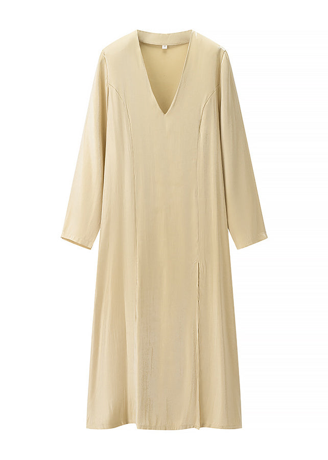 Classy Beige V Neck Side Open Silk Long Dress Spring