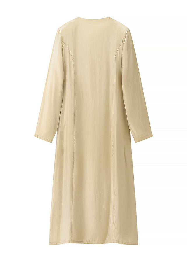 Classy Beige V Neck Side Open Silk Long Dress Spring