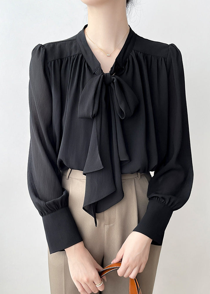 Classy Black Bow Draping Chiffon Shirt Tops Spring